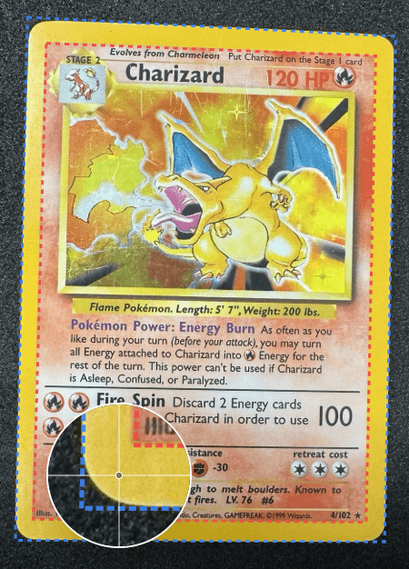 Pokemon Charizard card with AI-powered centring analysis showing symmetry measurements and border detection for PSA grading