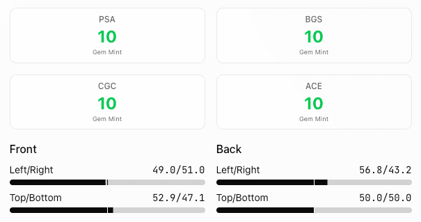 Card grading predictions showing PSA 9, BGS 9, CGC 9, ACE 9 scores with 55/45 centring percentages from AI analysis